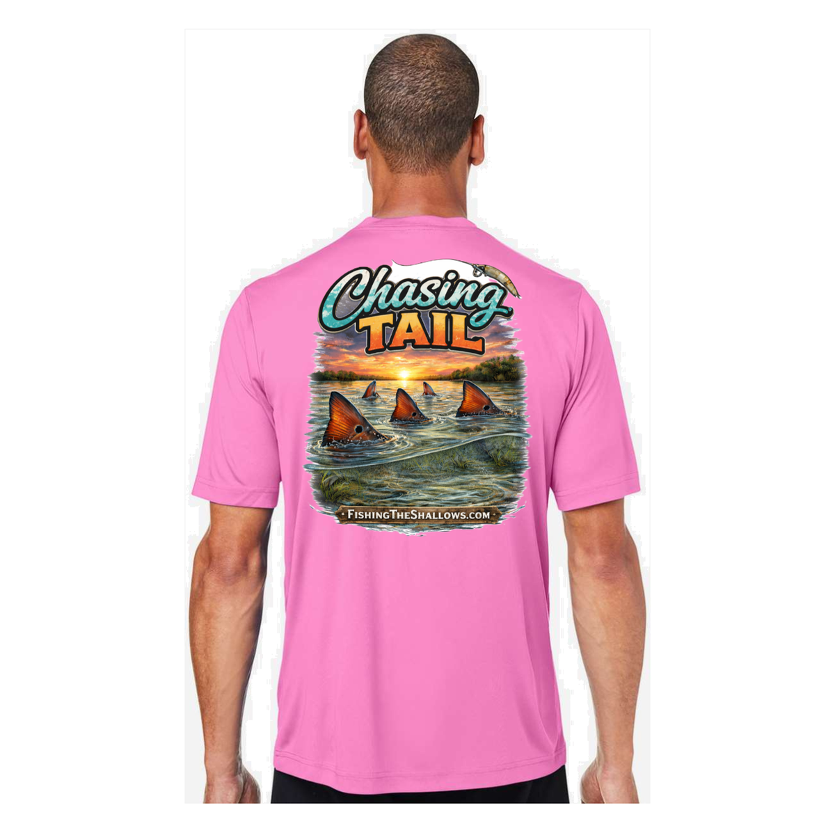 Chasing Tail SS in Charity Pink, back view - mens short sleeve performance fishing shirt by Fishing The Shallows