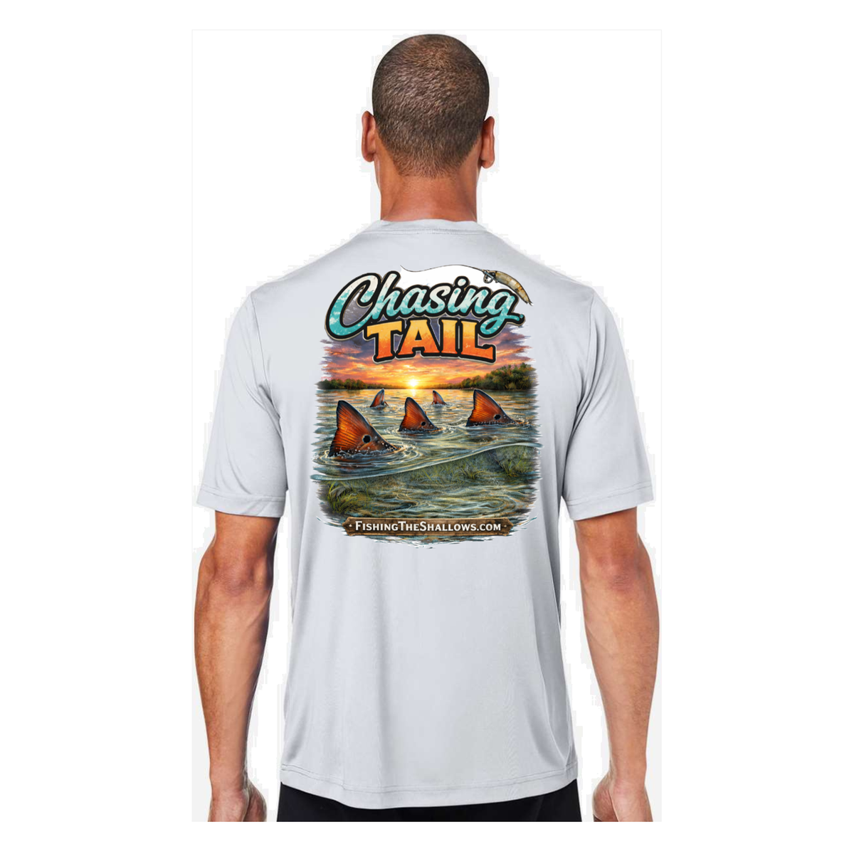 Chasing Tail SS in Platinum, back view - mens short sleeve performance fishing shirt by Fishing The Shallows
