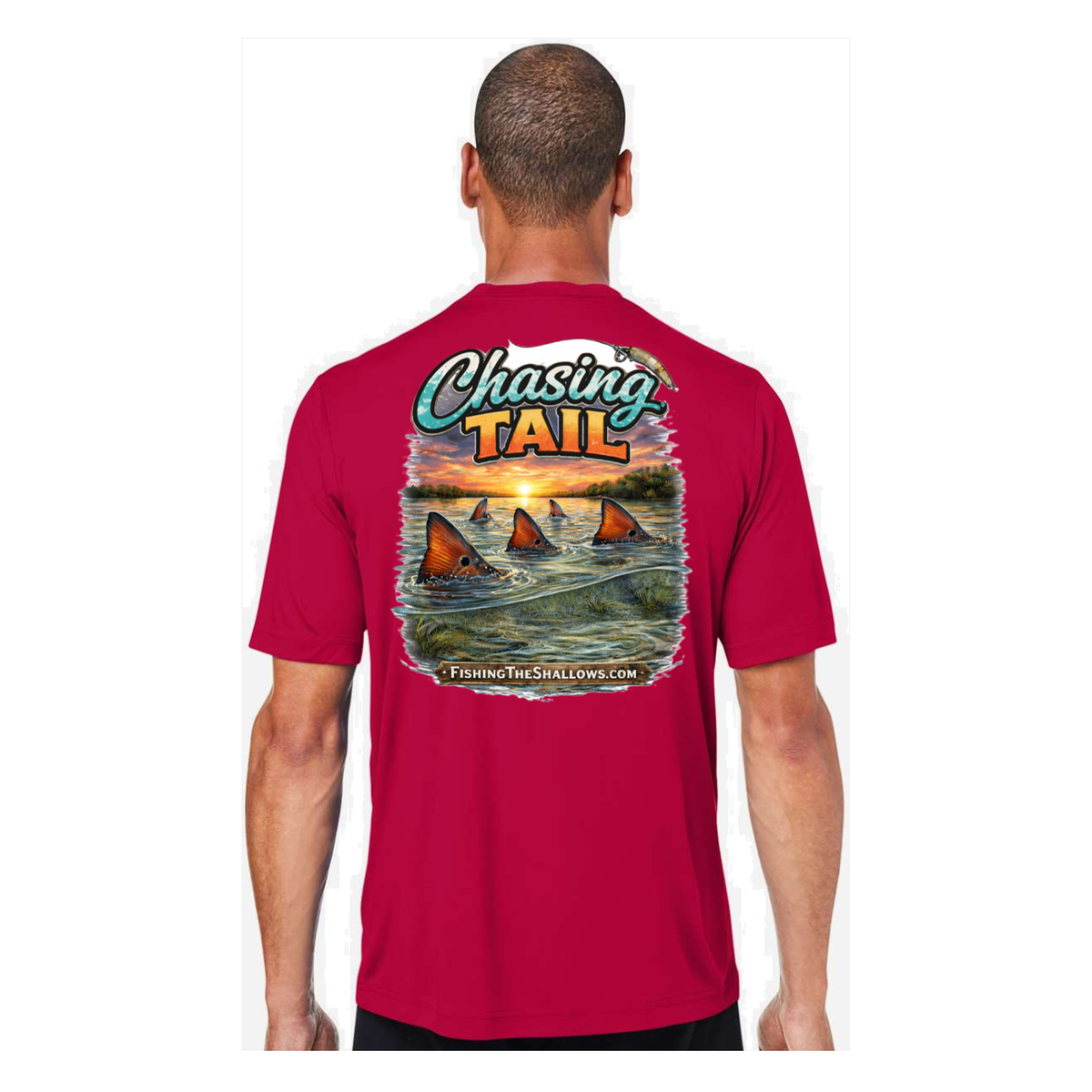 Chasing Tail SS in Classic Red, back view - mens short sleeve performance fishing shirt by Fishing The Shallows