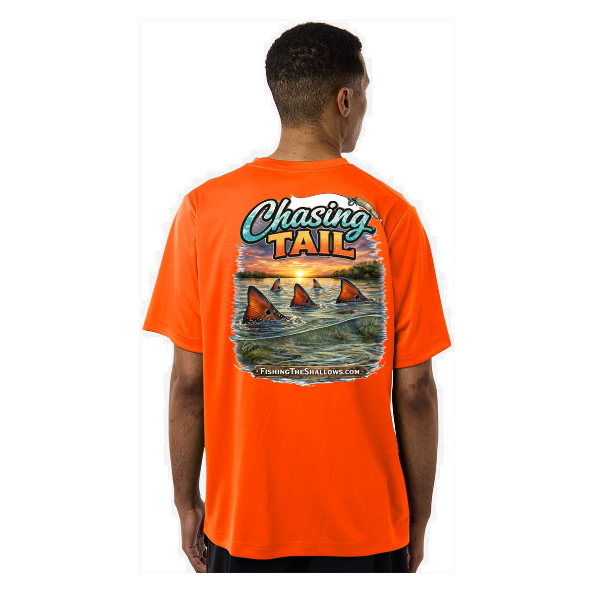 Chasing Tail SS in Safety Orange, back view - mens short sleeve performance fishing shirt by Fishing The Shallows