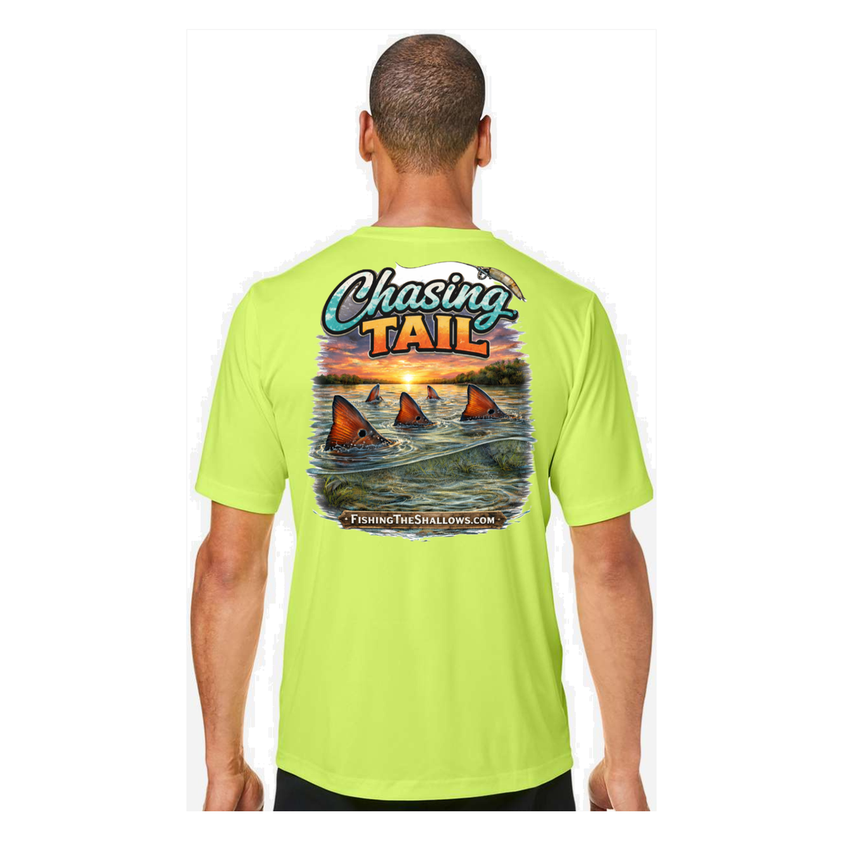 Chasing Tail SS in Safety Yellow, back view - mens short sleeve performance fishing shirt by Fishing The Shallows