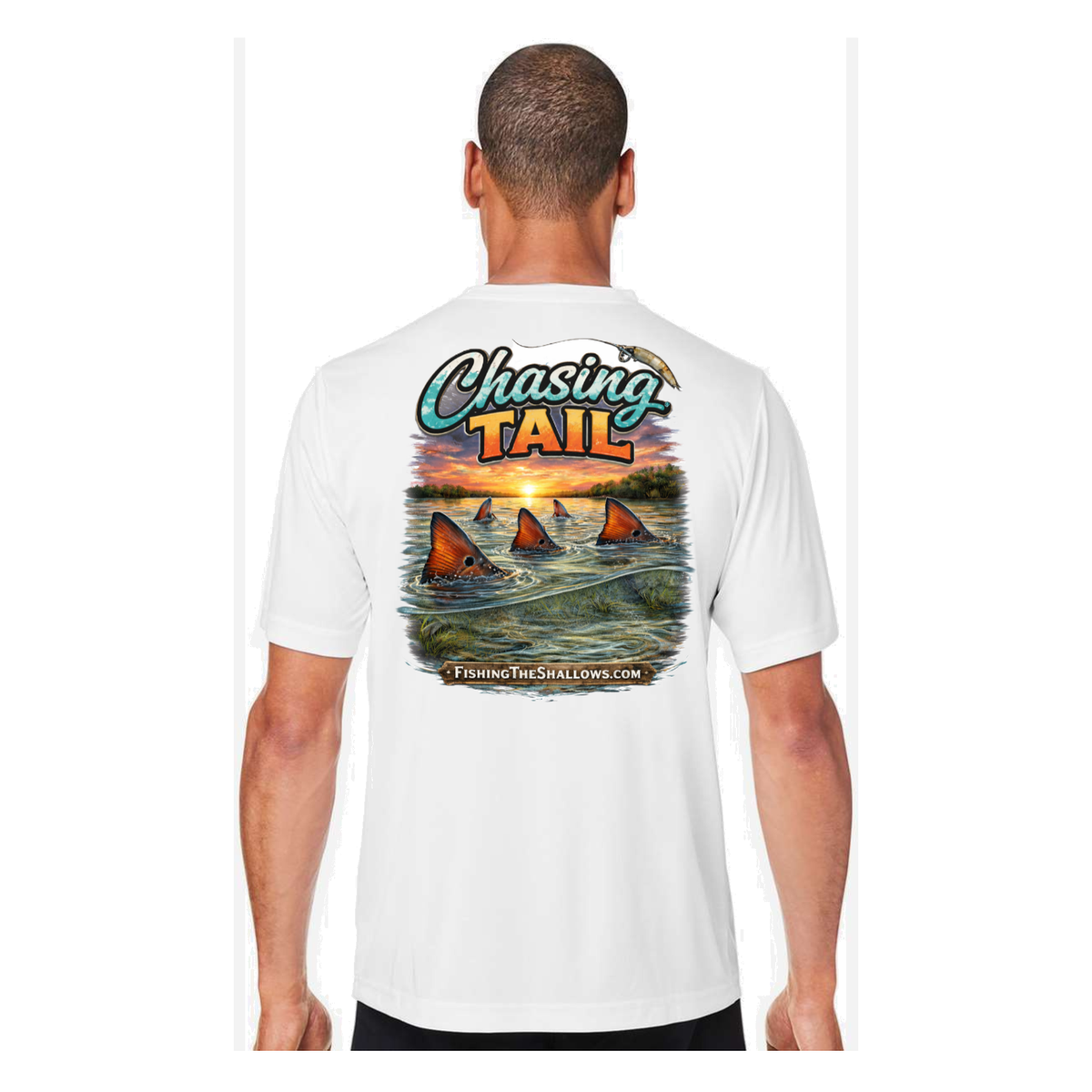 Chasing Tail SS in White, back view - mens short sleeve performance fishing shirt by Fishing The Shallows