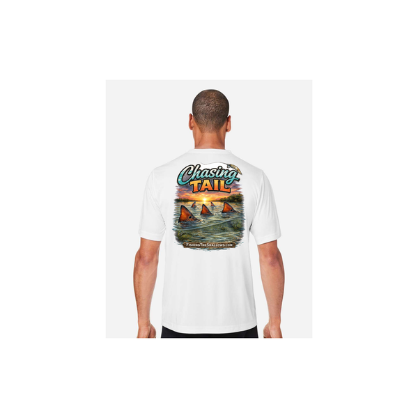 Chasing Tail SS in White, back view - mens short sleeve performance fishing shirt by Fishing The Shallows