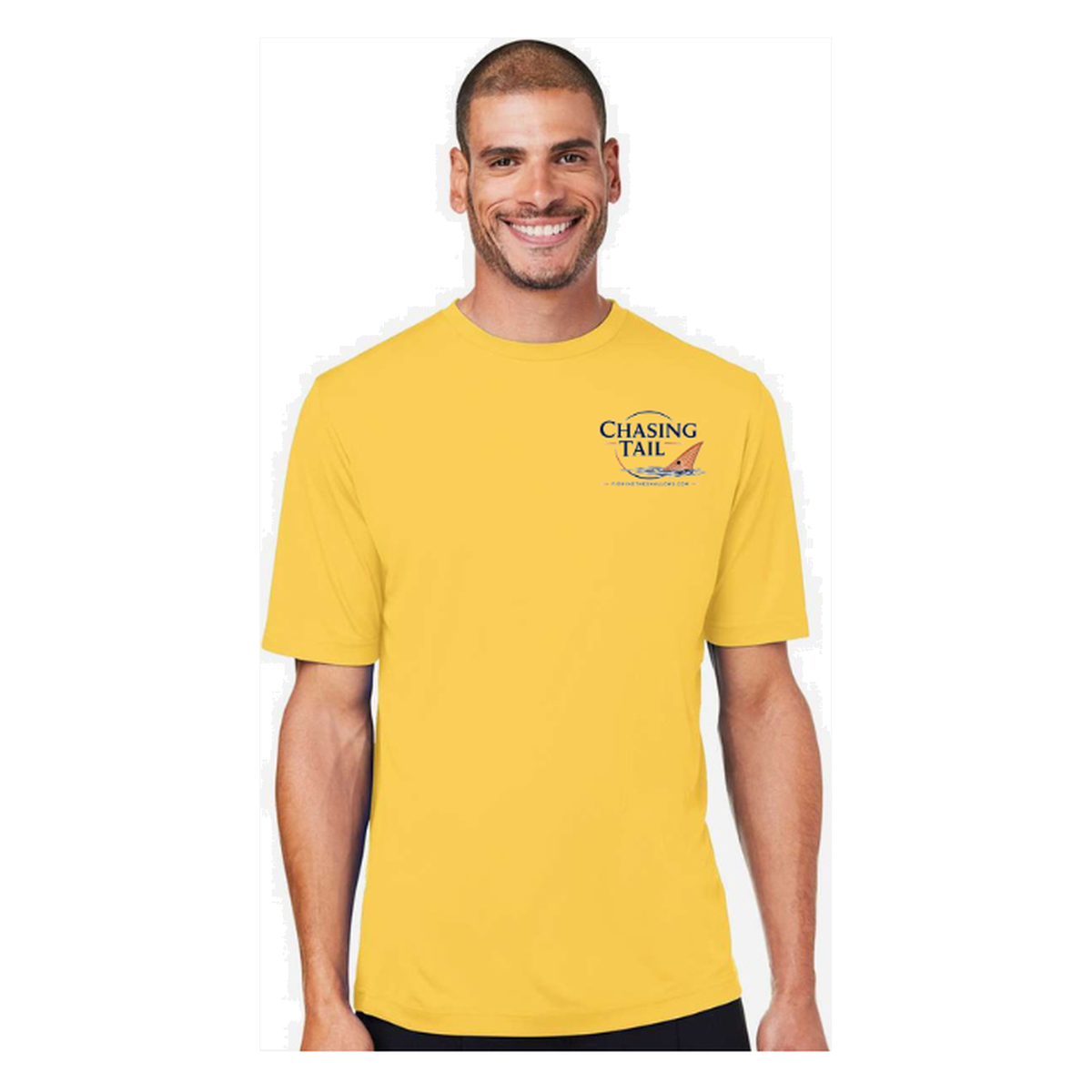 Chasing Tail SS in Campus Gold, front view - mens short sleeve performance fishing shirt by Fishing The Shallows