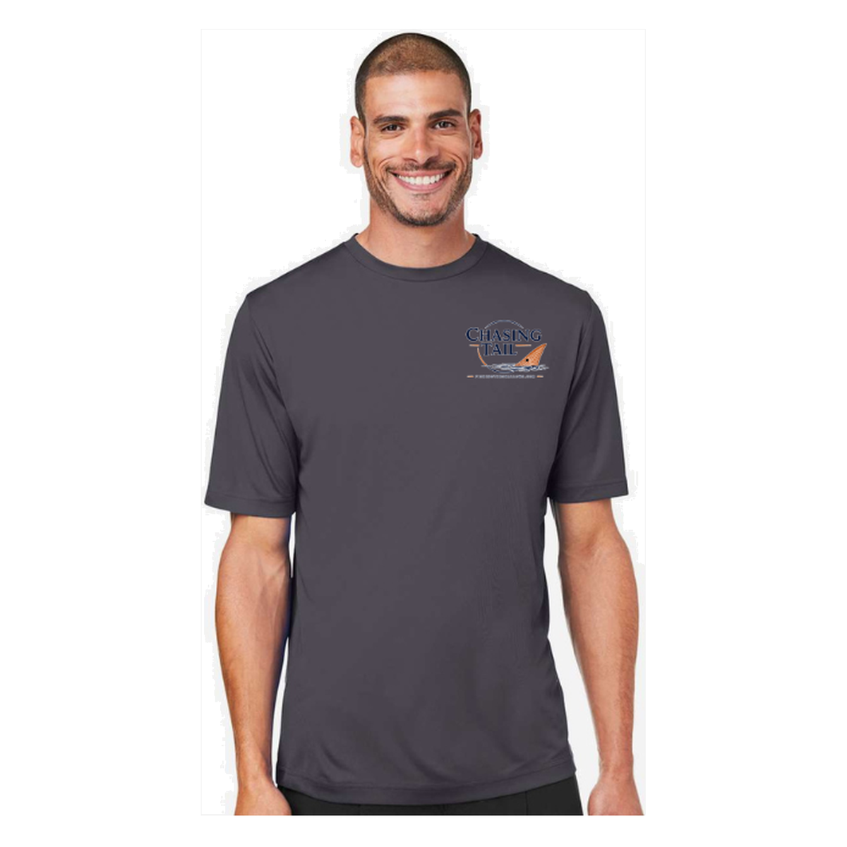 Chasing Tail SS in Carbon, front view - mens short sleeve performance fishing shirt by Fishing The Shallows