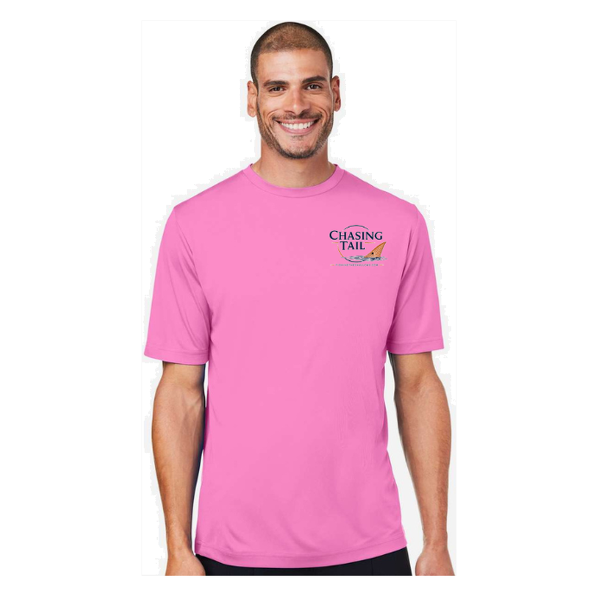 Chasing Tail SS in Charity Pink, front view - mens short sleeve performance fishing shirt by Fishing The Shallows