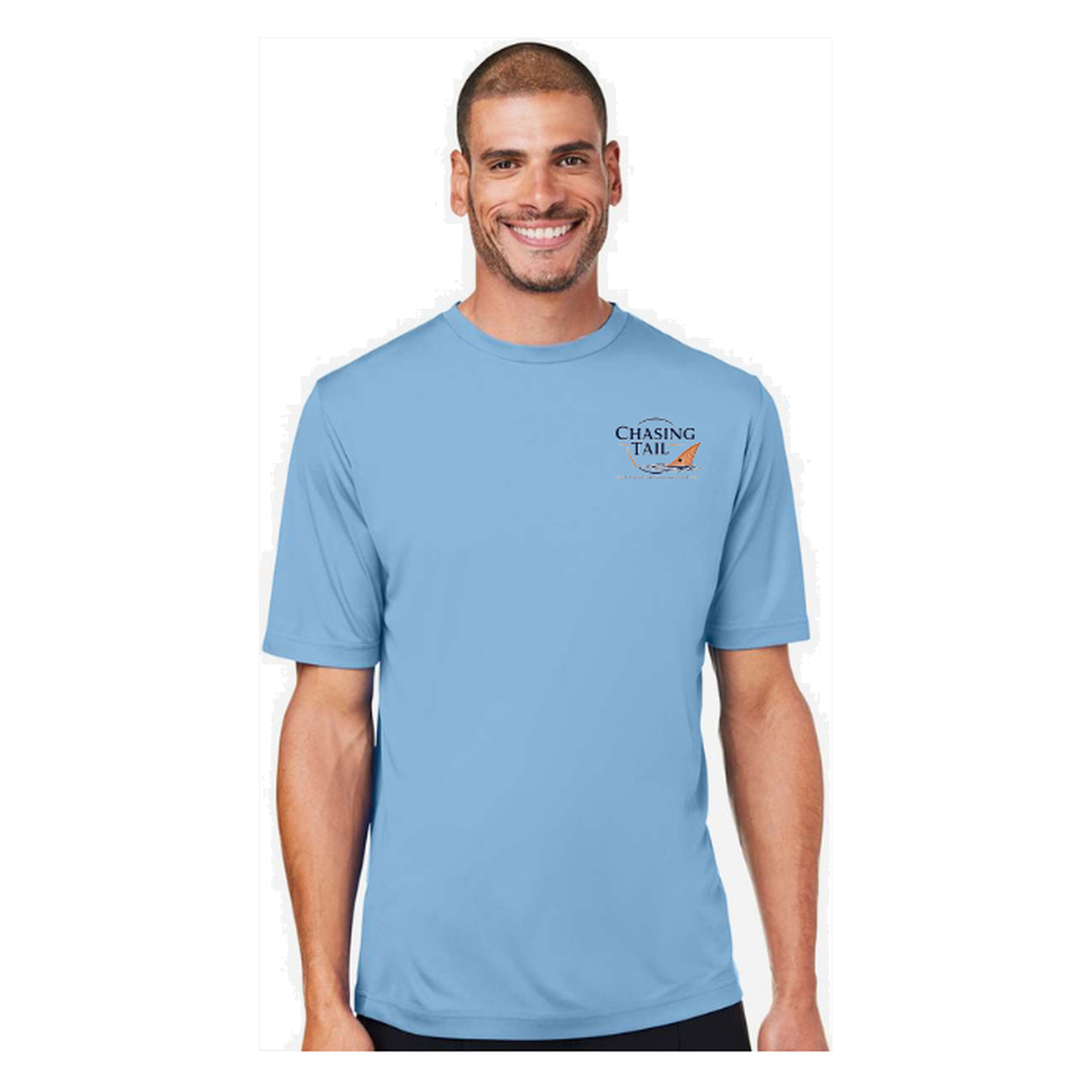Chasing Tail SS in Columbia Blue, front view - mens short sleeve performance fishing shirt by Fishing The Shallows