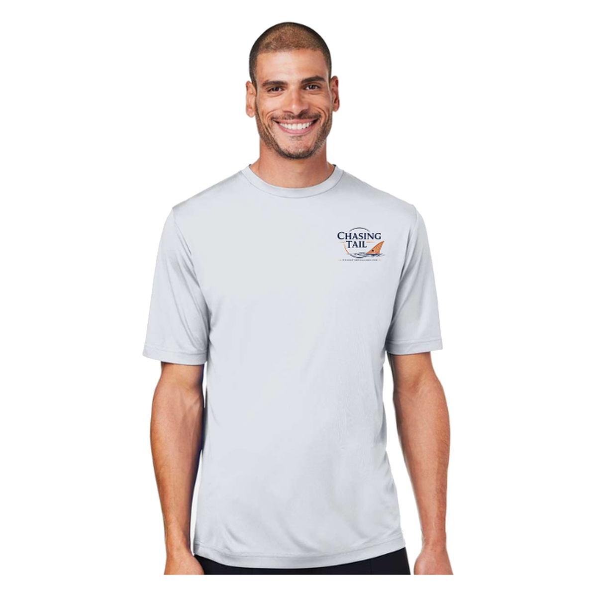 Chasing Tail SS in Platinum, front view - mens short sleeve performance fishing shirt by Fishing The Shallows