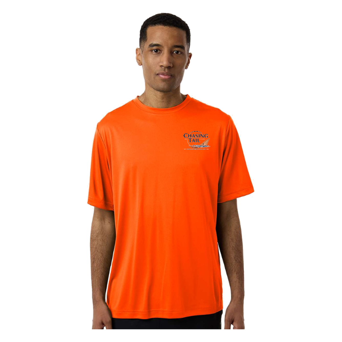 Chasing Tail SS in Safety Orange, front view - mens short sleeve performance fishing shirt by Fishing The Shallows