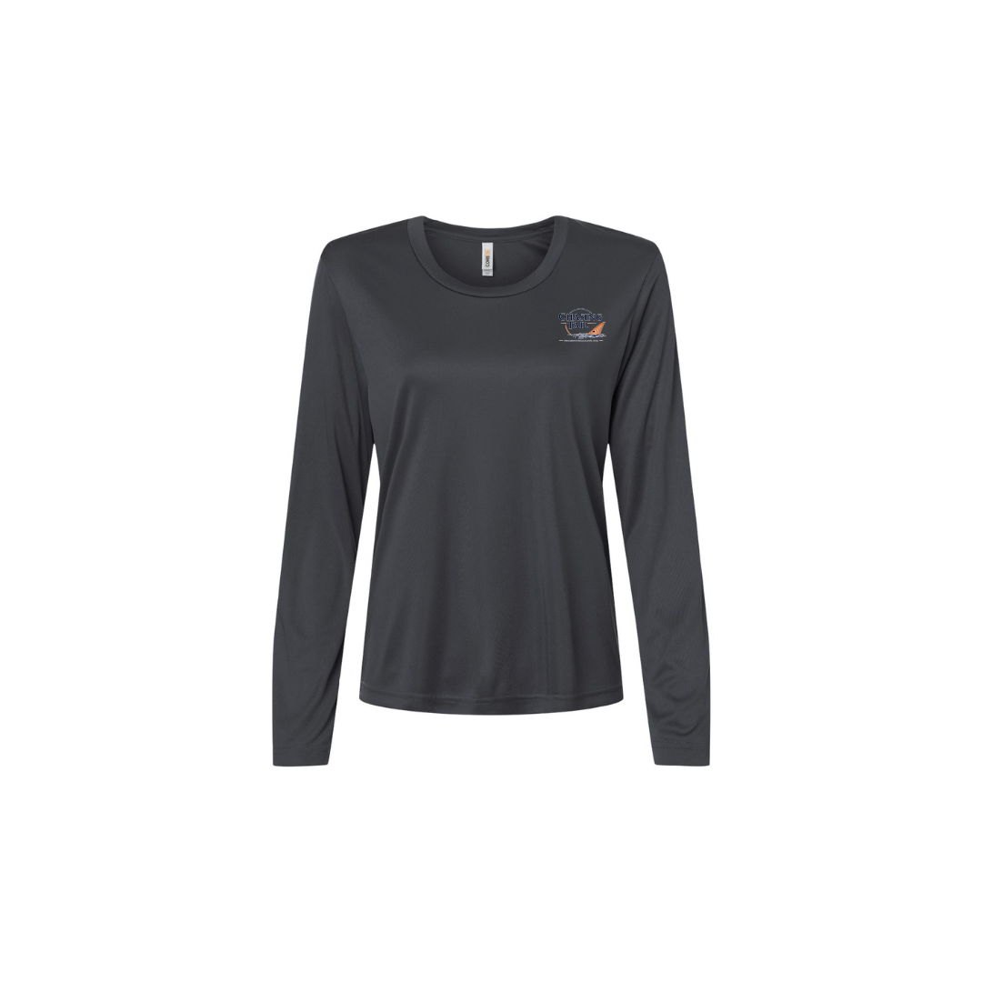 Diving Redfish – Women's Long Sleeve in Carbon - front logo view
