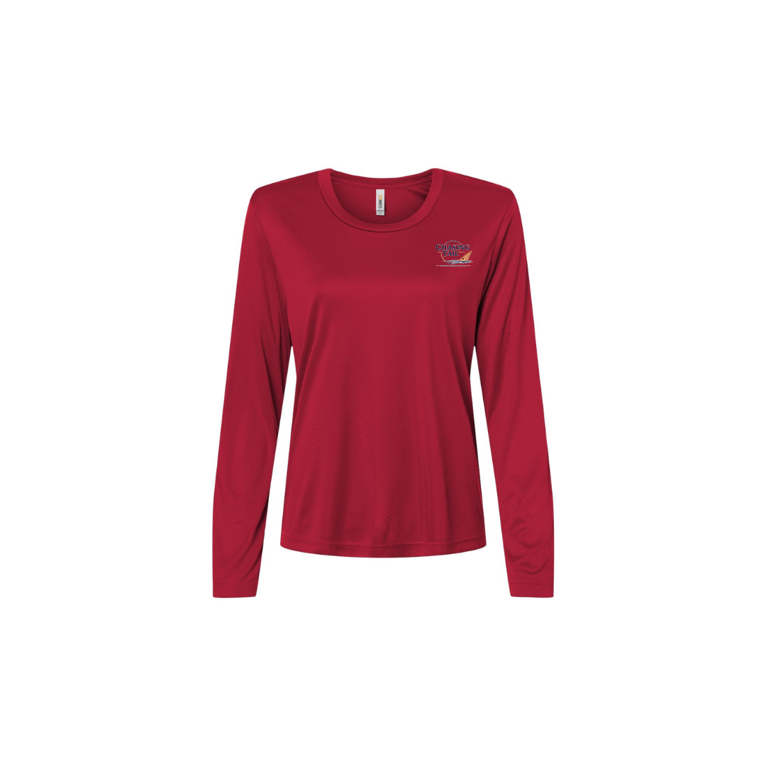 This Is How I Chase Tail – Women's Long Sleeve in Classic Red - front logo view