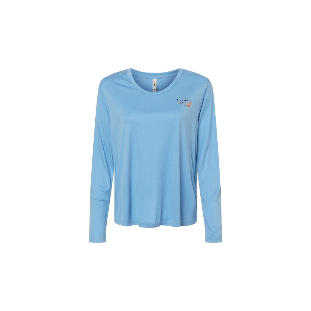 This Is How I Chase Tail – Women's Long Sleeve in Columbia Blue - front logo view
