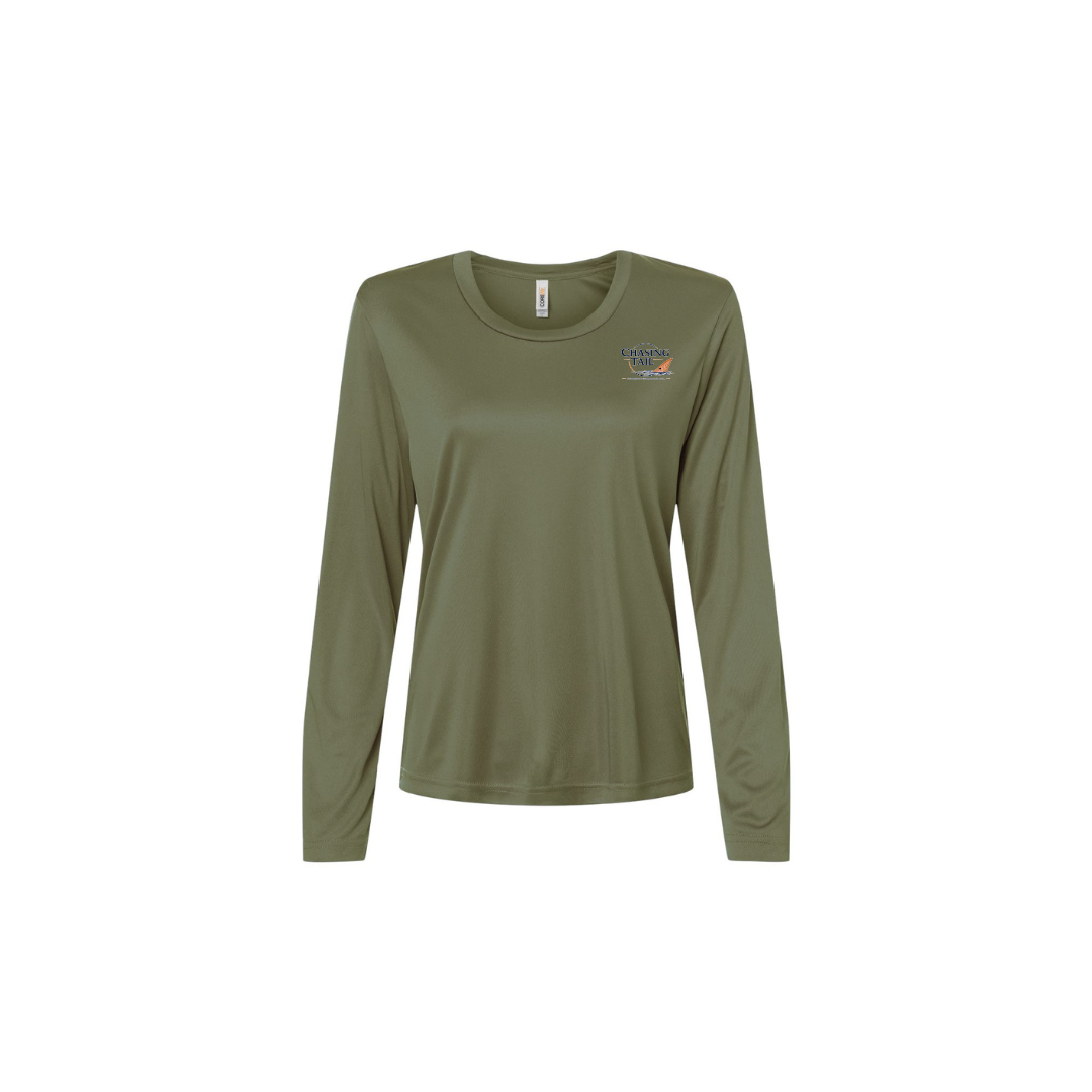 This Is How I Chase Tail – Women's Long Sleeve in Military Green - front logo view