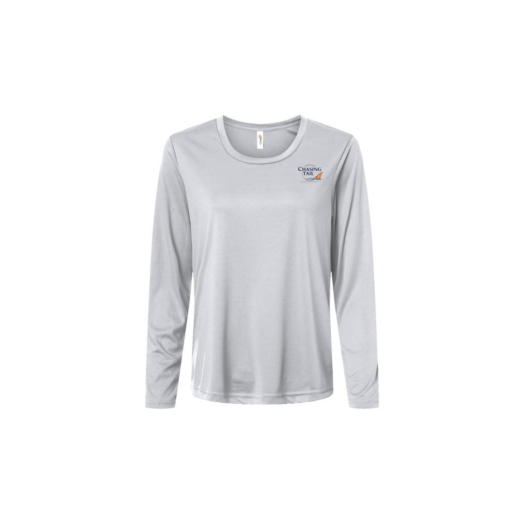 Diving Redfish – Women's Long Sleeve in Platinum - front logo view
