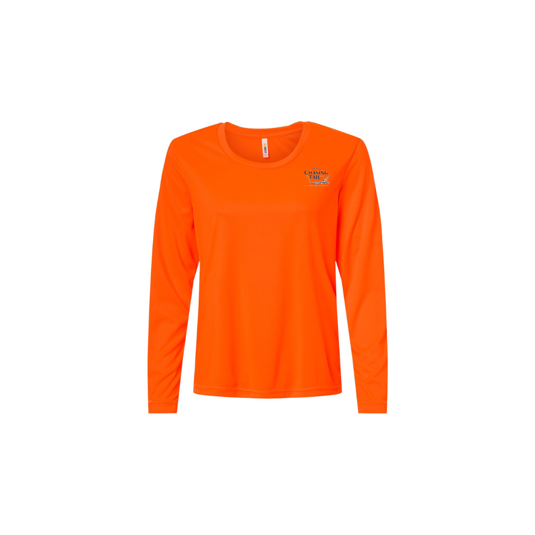This Is How I Chase Tail – Women's Long Sleeve in Safety Orange - front logo view