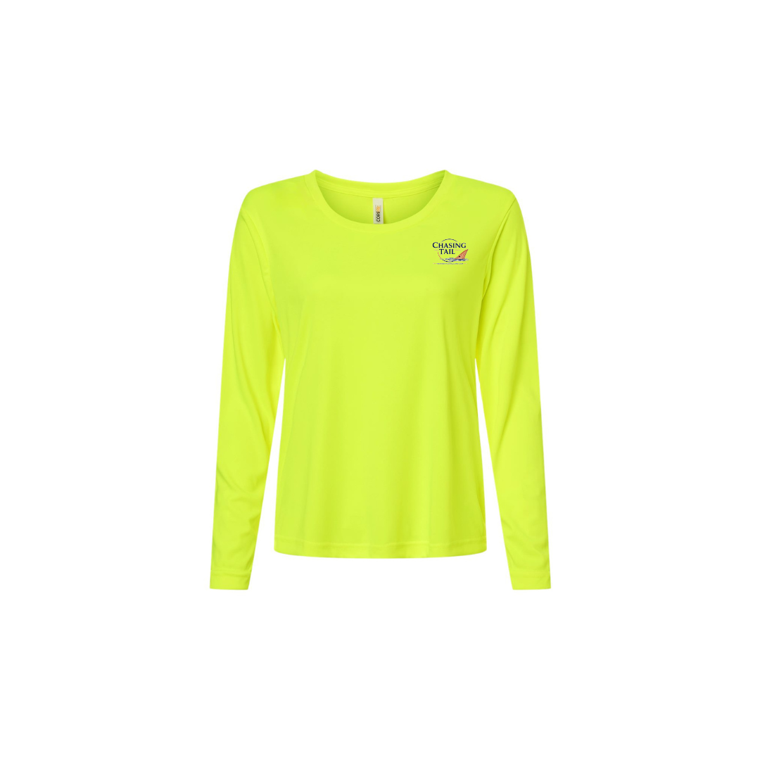 This Is How I Chase Tail – Women's Long Sleeve in Safety Yellow - front logo view
