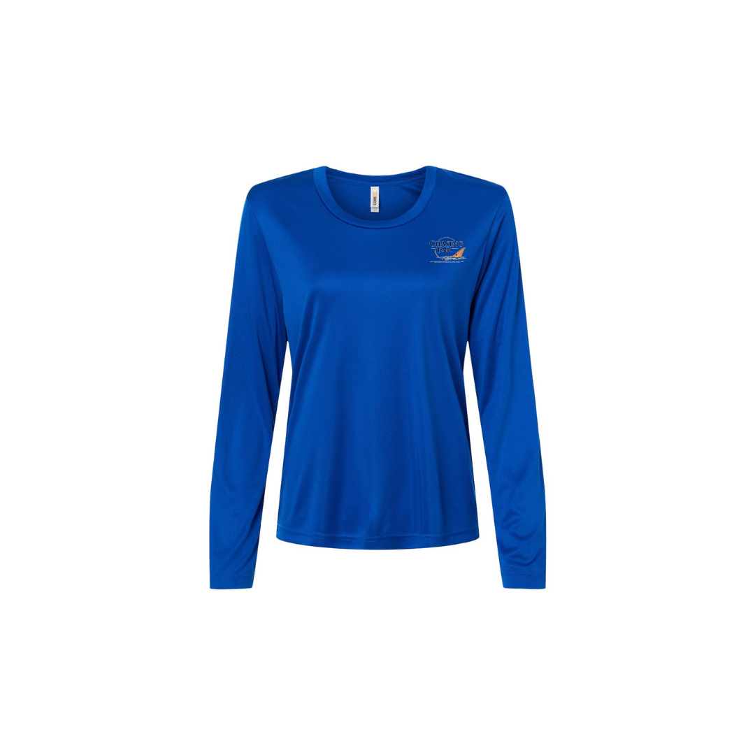 Diving Redfish – Women's Long Sleeve in True Royal - front logo view