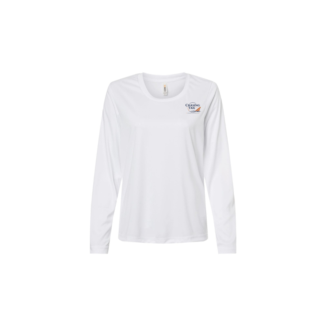 Diving Redfish – Women's Long Sleeve in White - front logo view