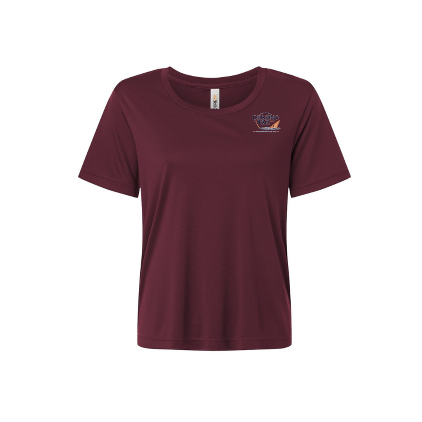 Diving Redfish – Women's Short Sleeve in Burgundy - front logo view