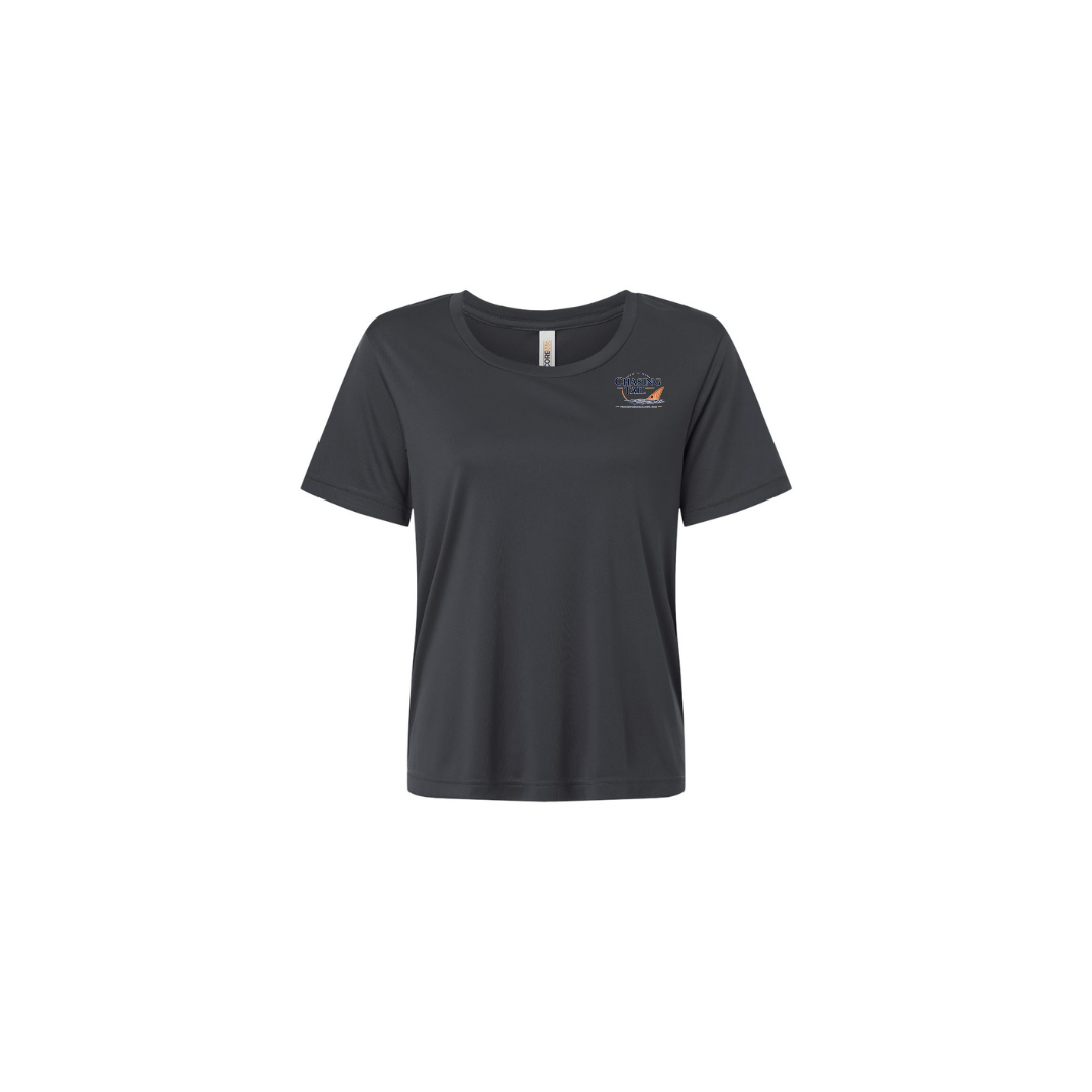 Diving Redfish – Women's Short Sleeve in Carbon - front logo view