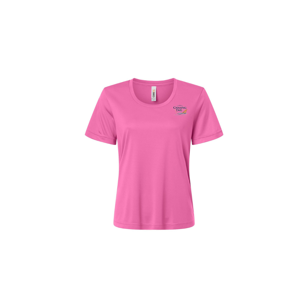 Diving Redfish – Women's Short Sleeve in Charity Pink - front logo view