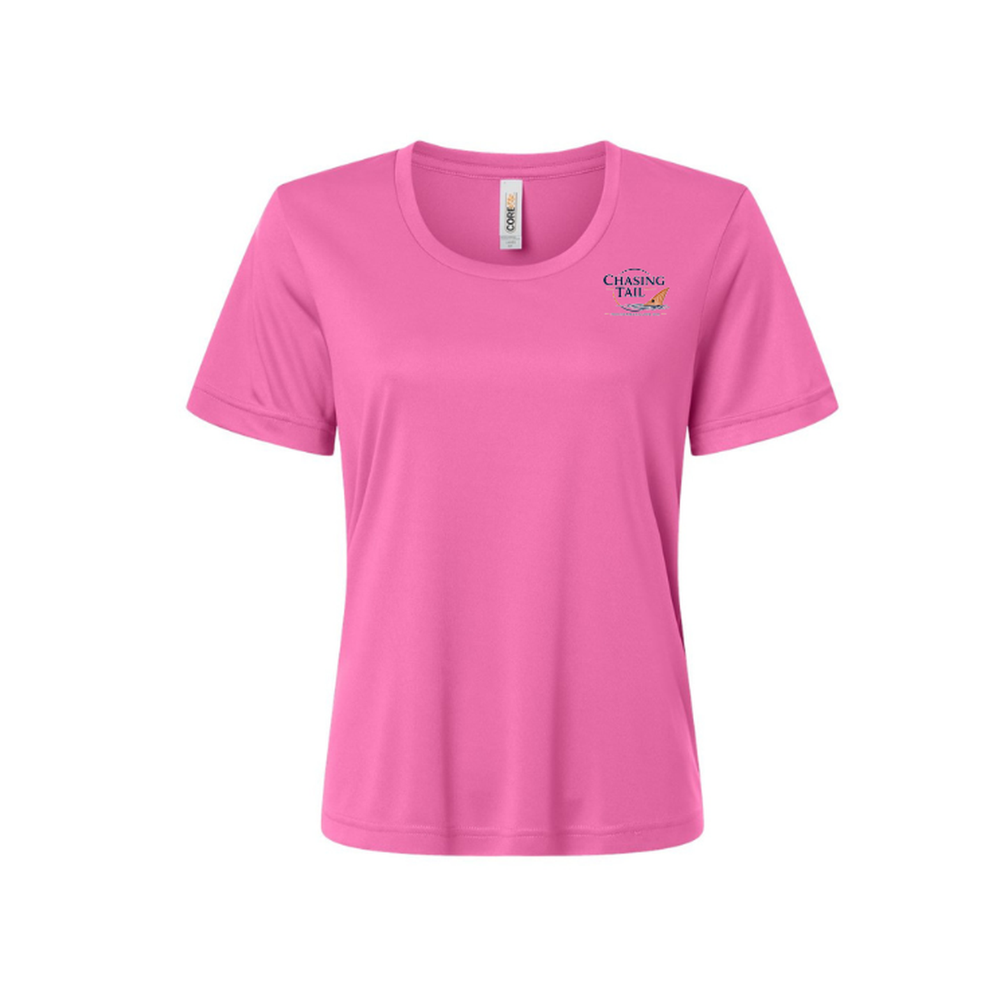 Diving Redfish – Women's Short Sleeve in Charity Pink - front logo view