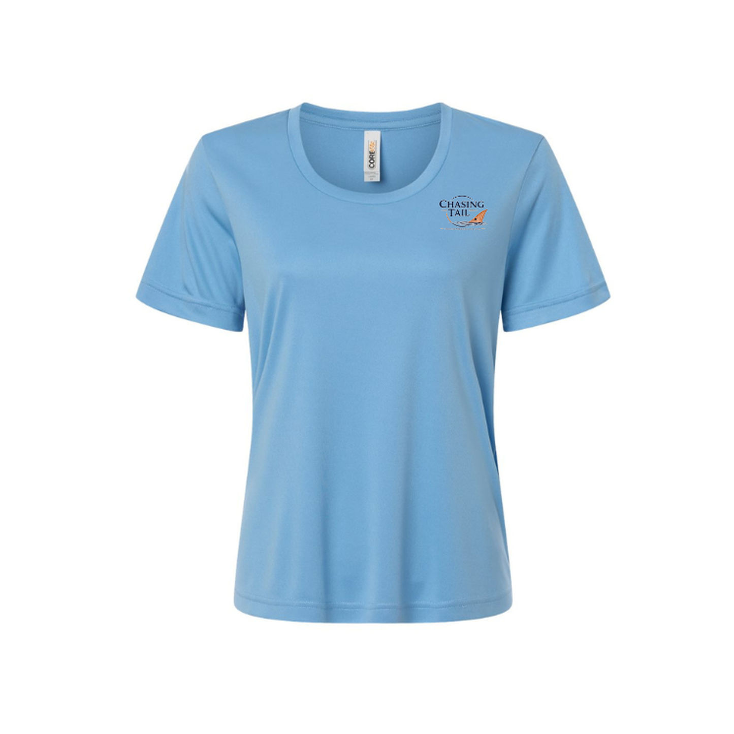 Diving Redfish – Women's Short Sleeve in Columbia Blue - front logo view