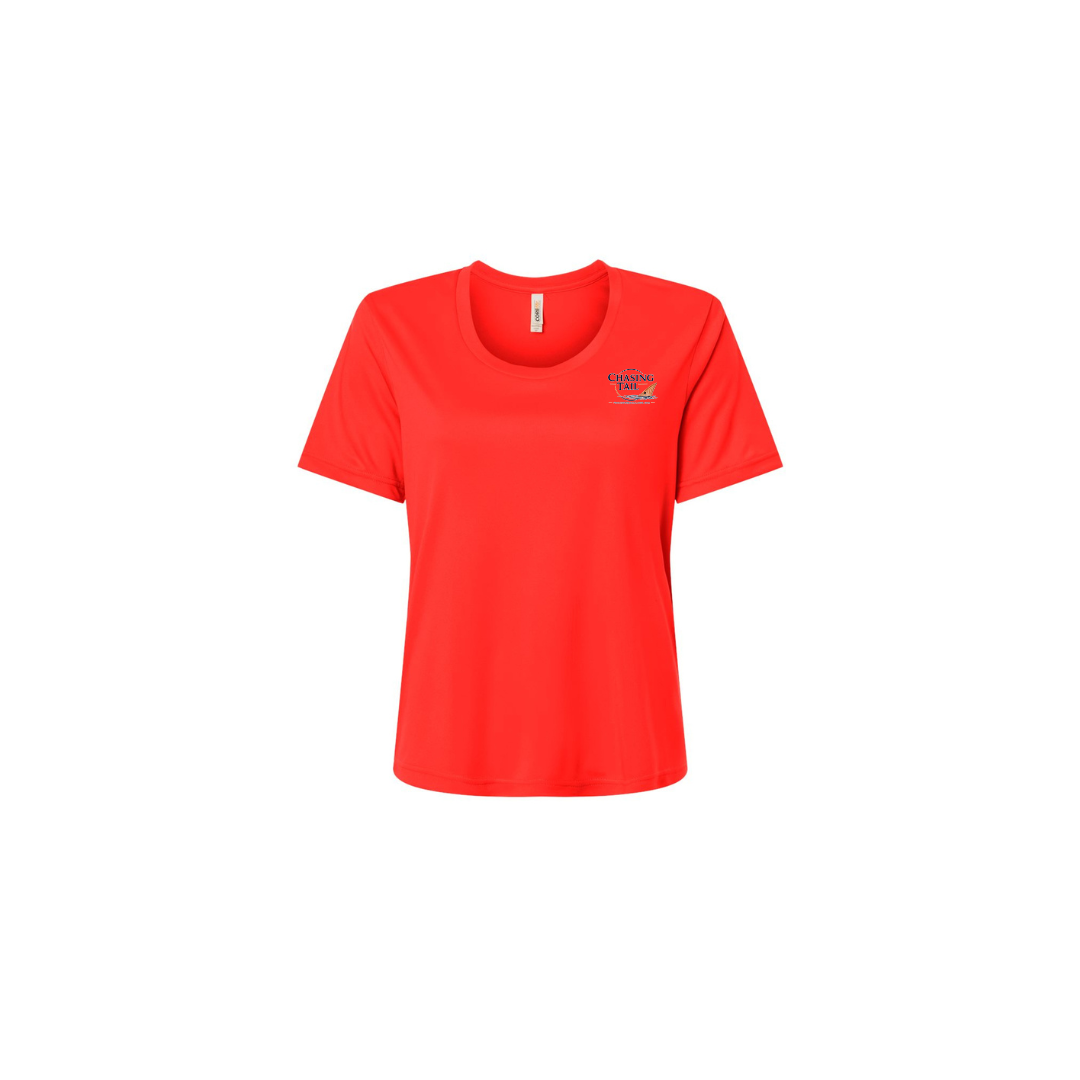 Diving Redfish – Women's Short Sleeve in Marina Red - front logo view