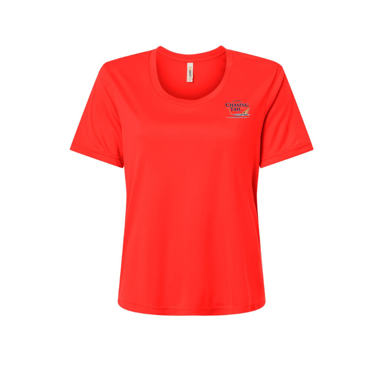 Diving Redfish – Women's Short Sleeve in Marina Red - front logo view