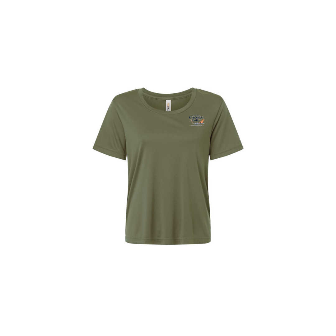 This Is How I Chase Tail – Women's Short Sleeve in Military Green - front logo view