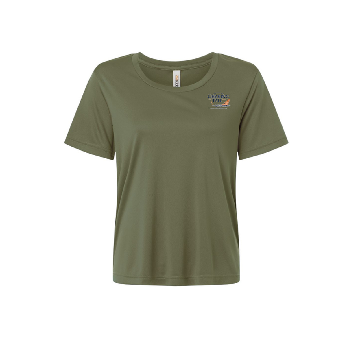 Diving Redfish – Women's Short Sleeve in Military Green - front logo view
