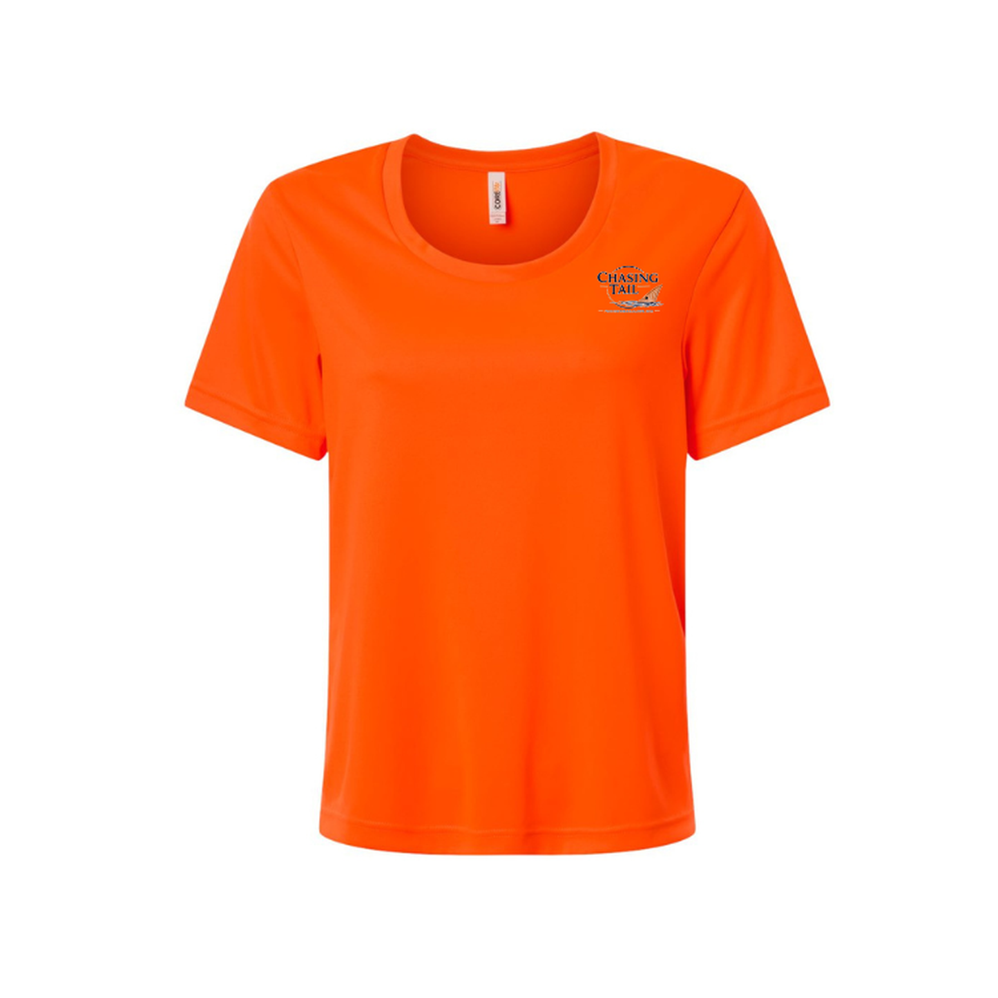 Diving Redfish – Women's Short Sleeve in Safety Orange - front logo view