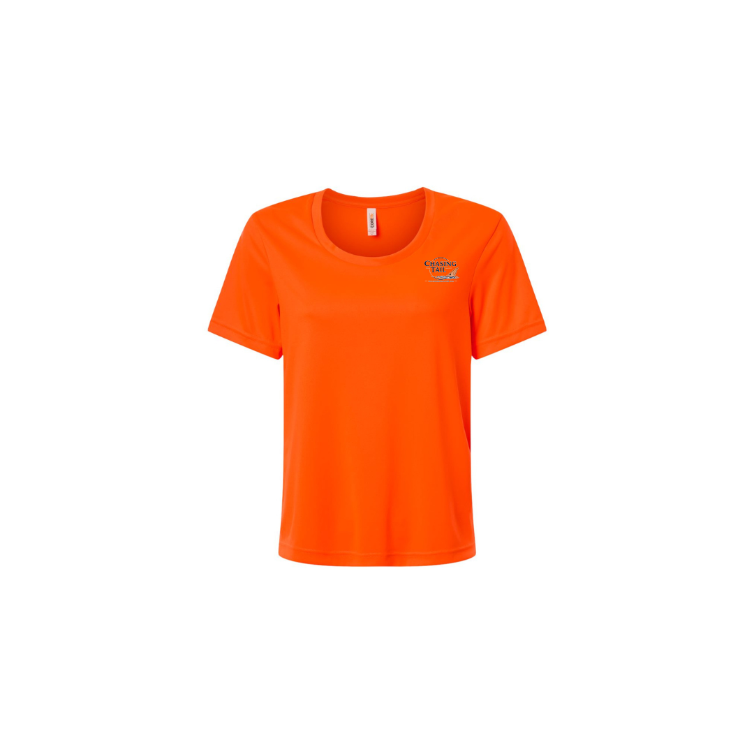 Diving Redfish – Women's Short Sleeve in Safety Orange - front logo view