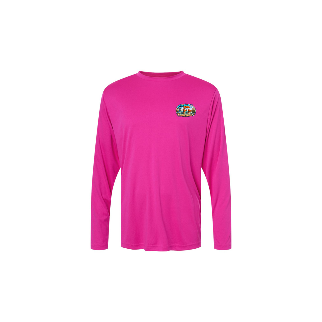 Dad and Son – Youth Long Sleeve in Bright Magenta - front logo view