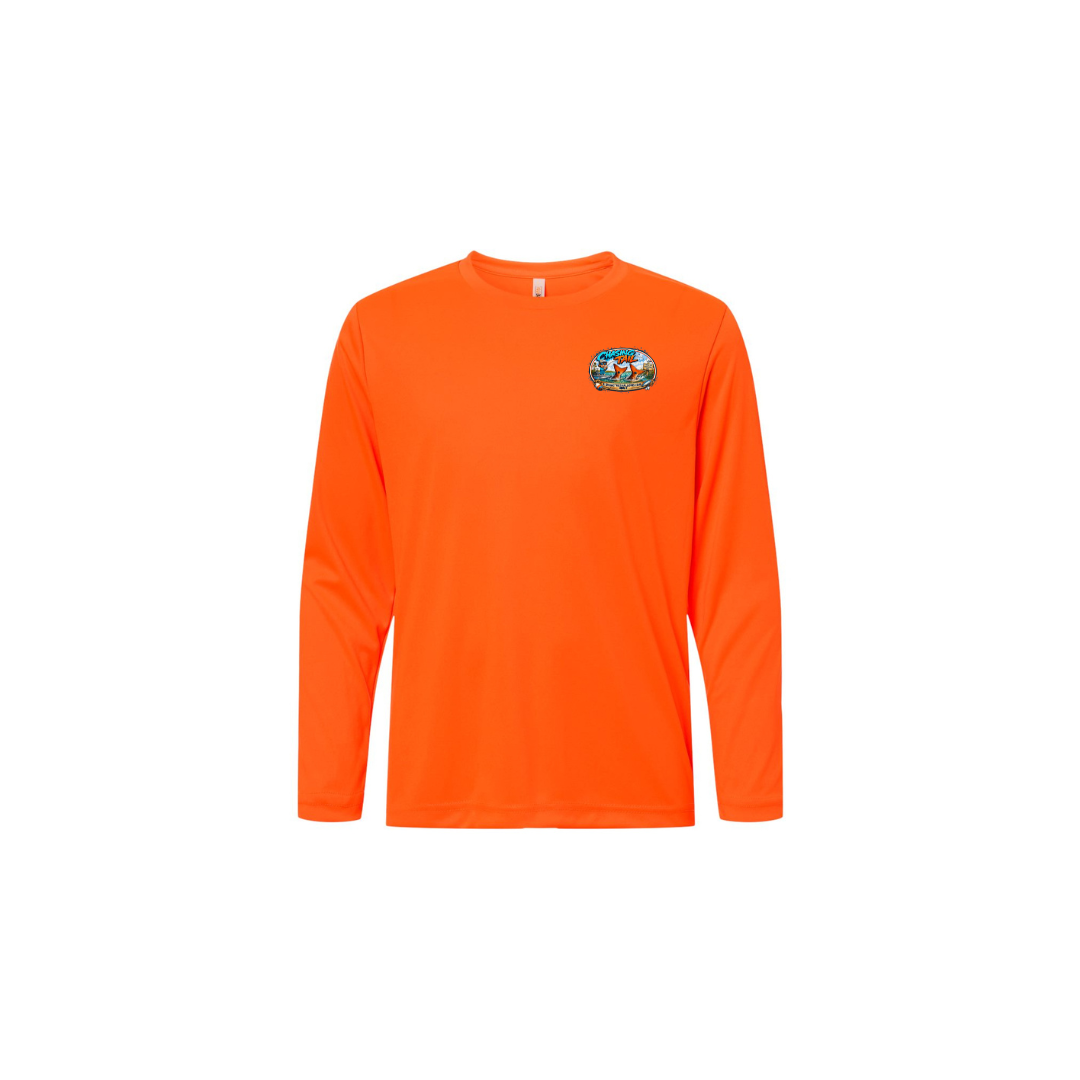 Dad and Son – Youth Long Sleeve in Safety Orange - front logo view
