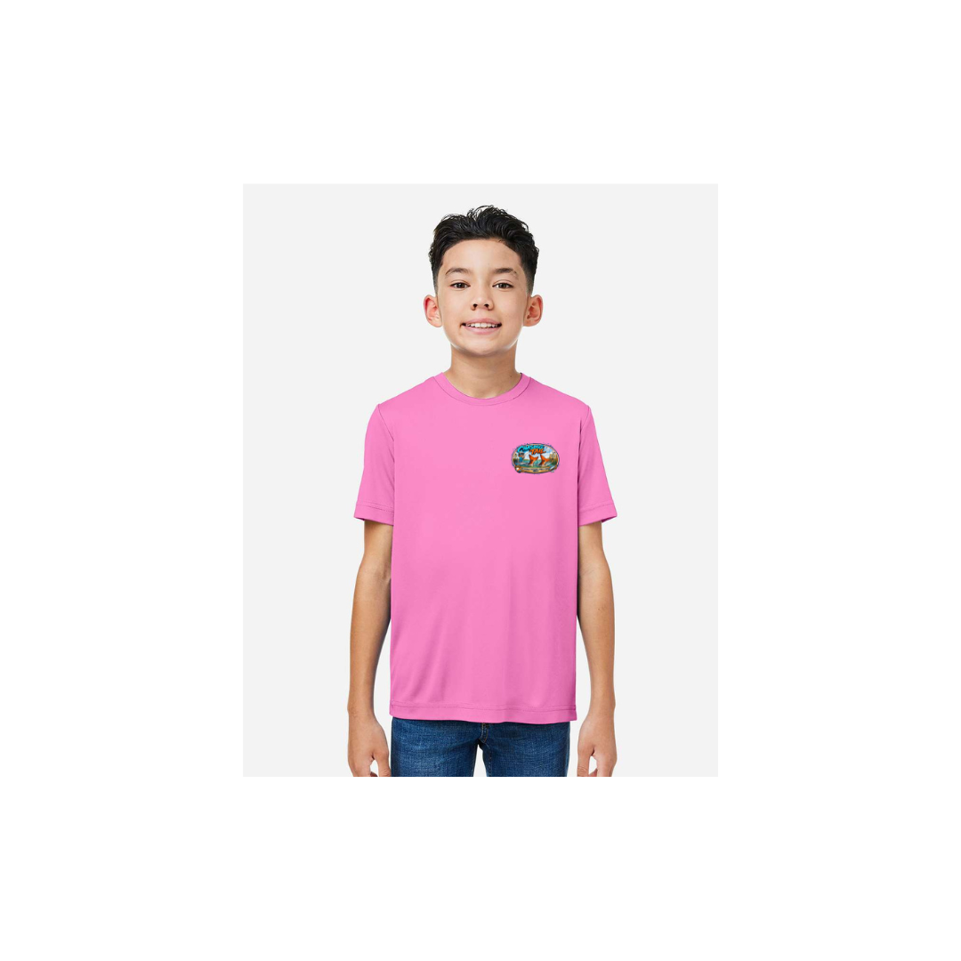 Youth Chasing Tail – Youth Short Sleeve in Charity Pink - front logo view