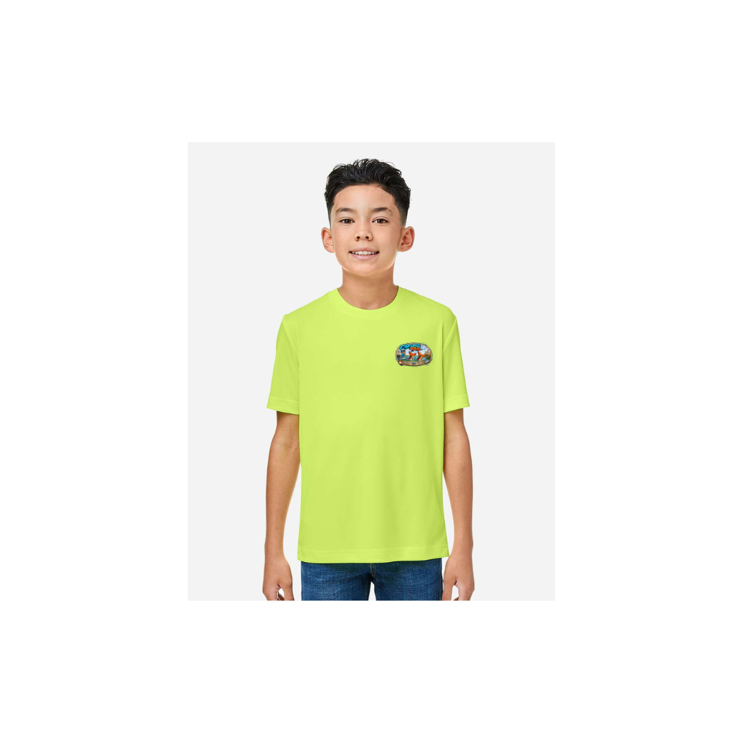 Youth Chasing Tail – Youth Short Sleeve in Safety Yellow - front logo view
