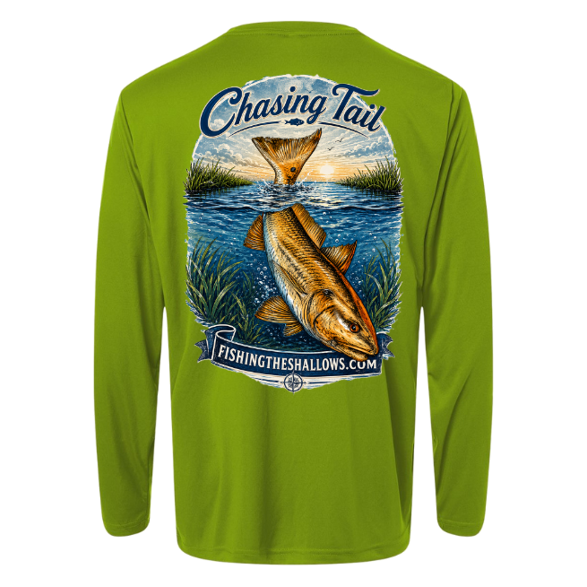 Diving Redfish LS in Acid Green, back view - mens long sleeve performance fishing shirt by Fishing The Shallows