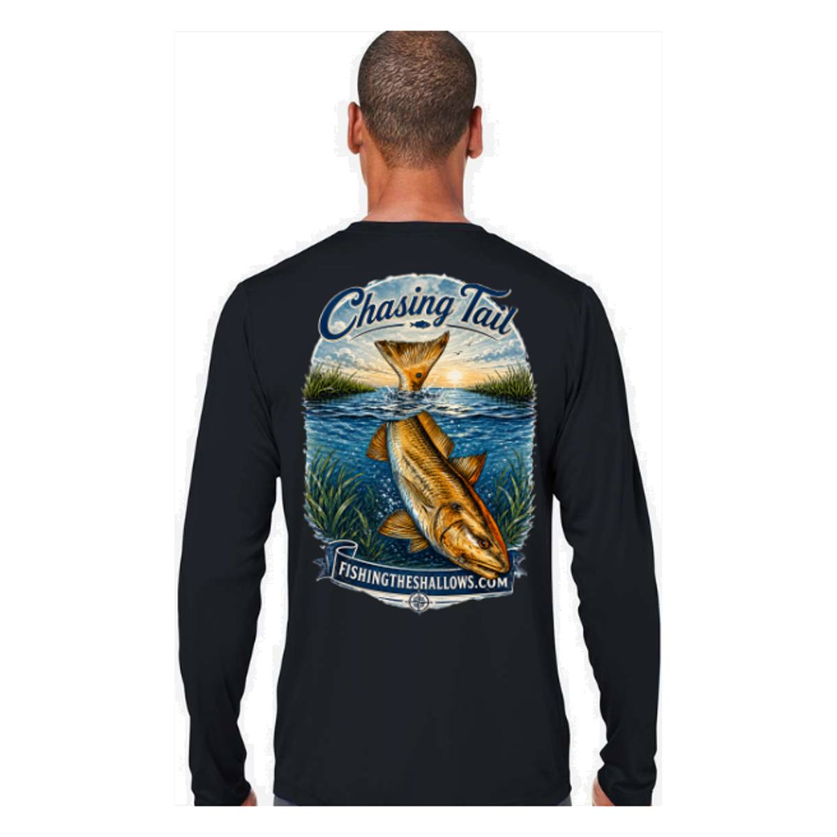 Diving Redfish LS in Black, back view - mens long sleeve performance fishing shirt by Fishing The Shallows
