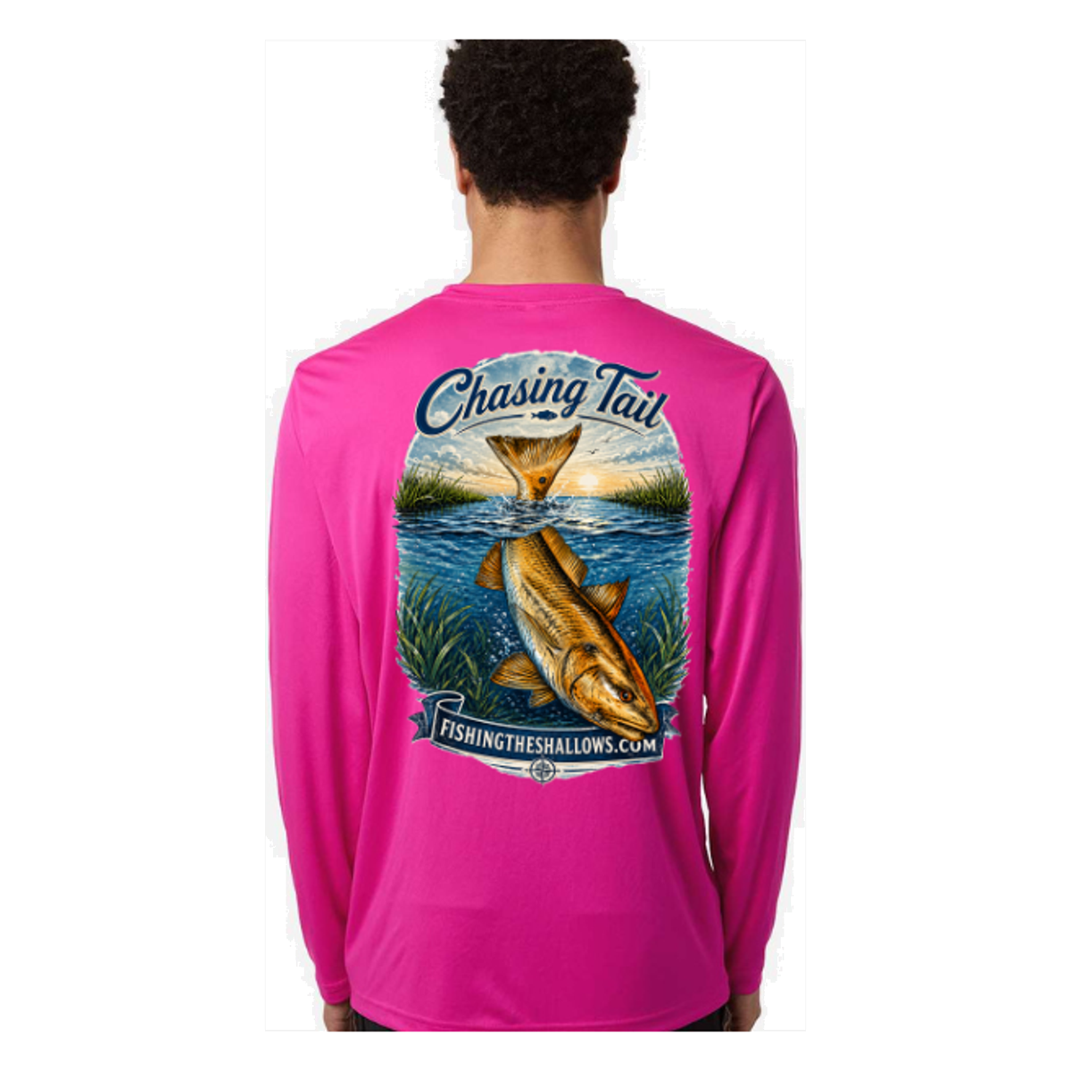 Diving Redfish LS in Bright Magenta, back view - mens long sleeve performance fishing shirt by Fishing The Shallows