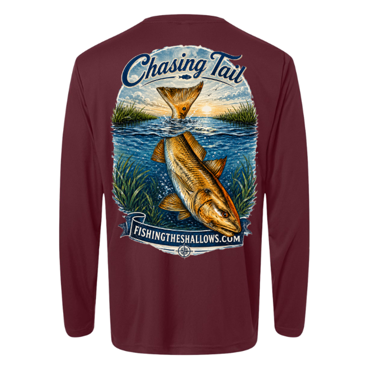 Diving Redfish LS in Burgundy, back view - mens long sleeve performance fishing shirt by Fishing The Shallows
