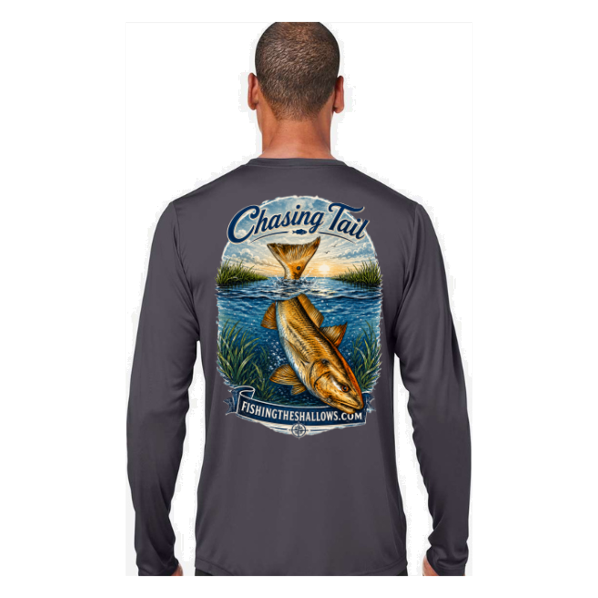 Diving Redfish LS in Carbon, back view - mens long sleeve performance fishing shirt by Fishing The Shallows