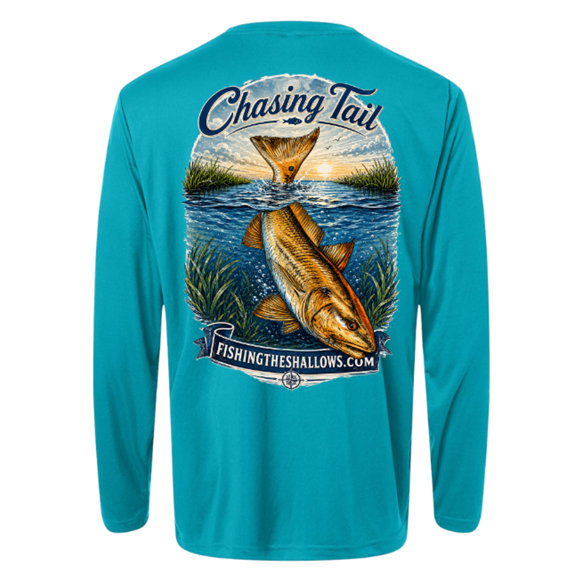 Diving Redfish LS in Clear Teal, back view - mens long sleeve performance fishing shirt by Fishing The Shallows