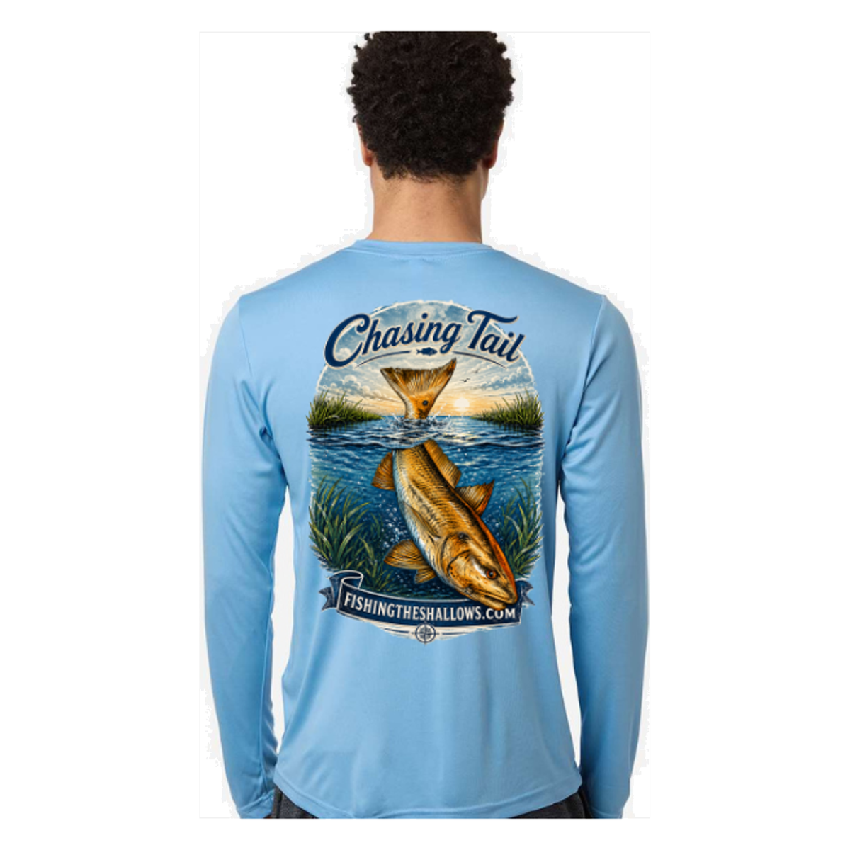 Diving Redfish LS in Columbia Blue, back view - mens long sleeve performance fishing shirt by Fishing The Shallows