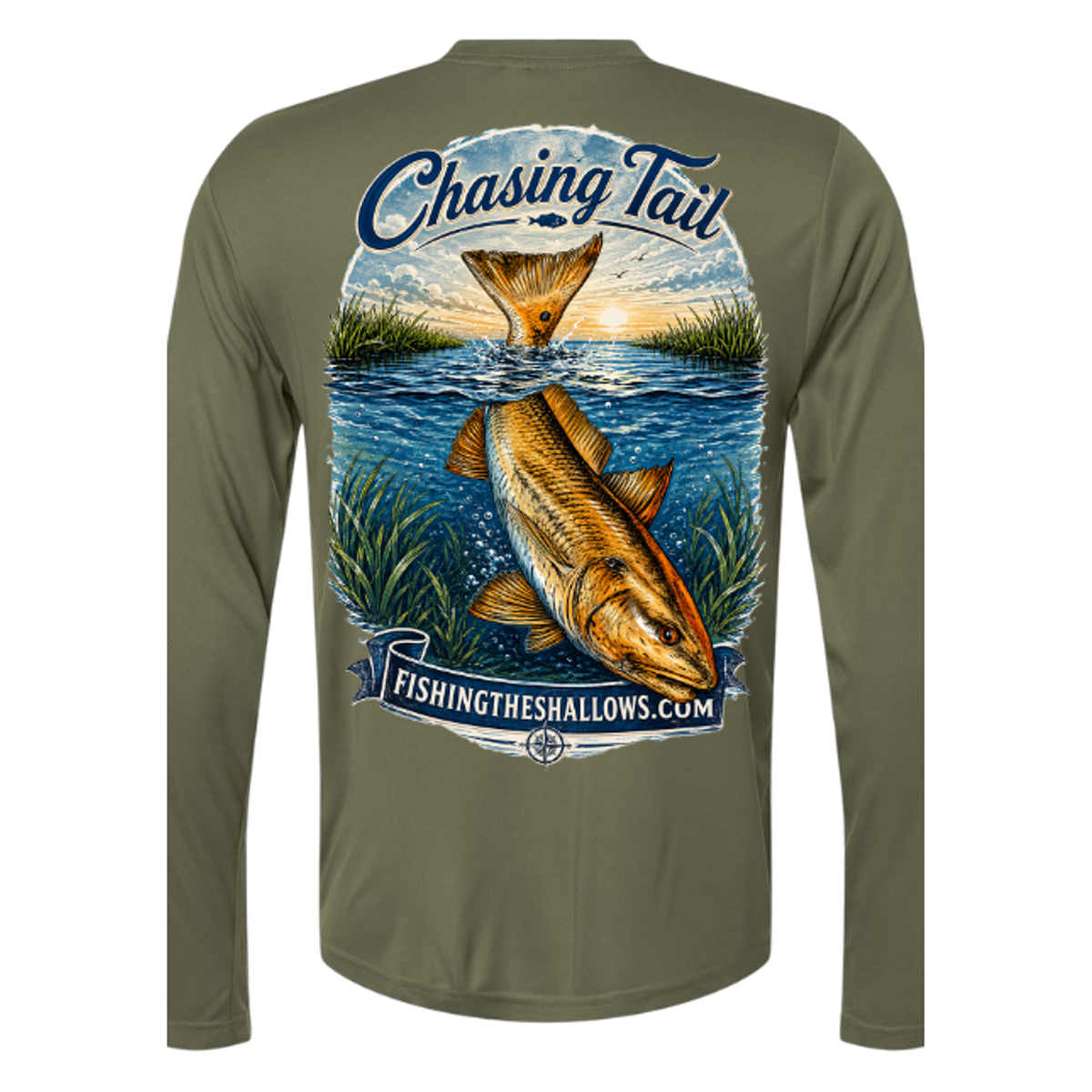 Diving Redfish LS in Military Green, back view - mens long sleeve performance fishing shirt by Fishing The Shallows