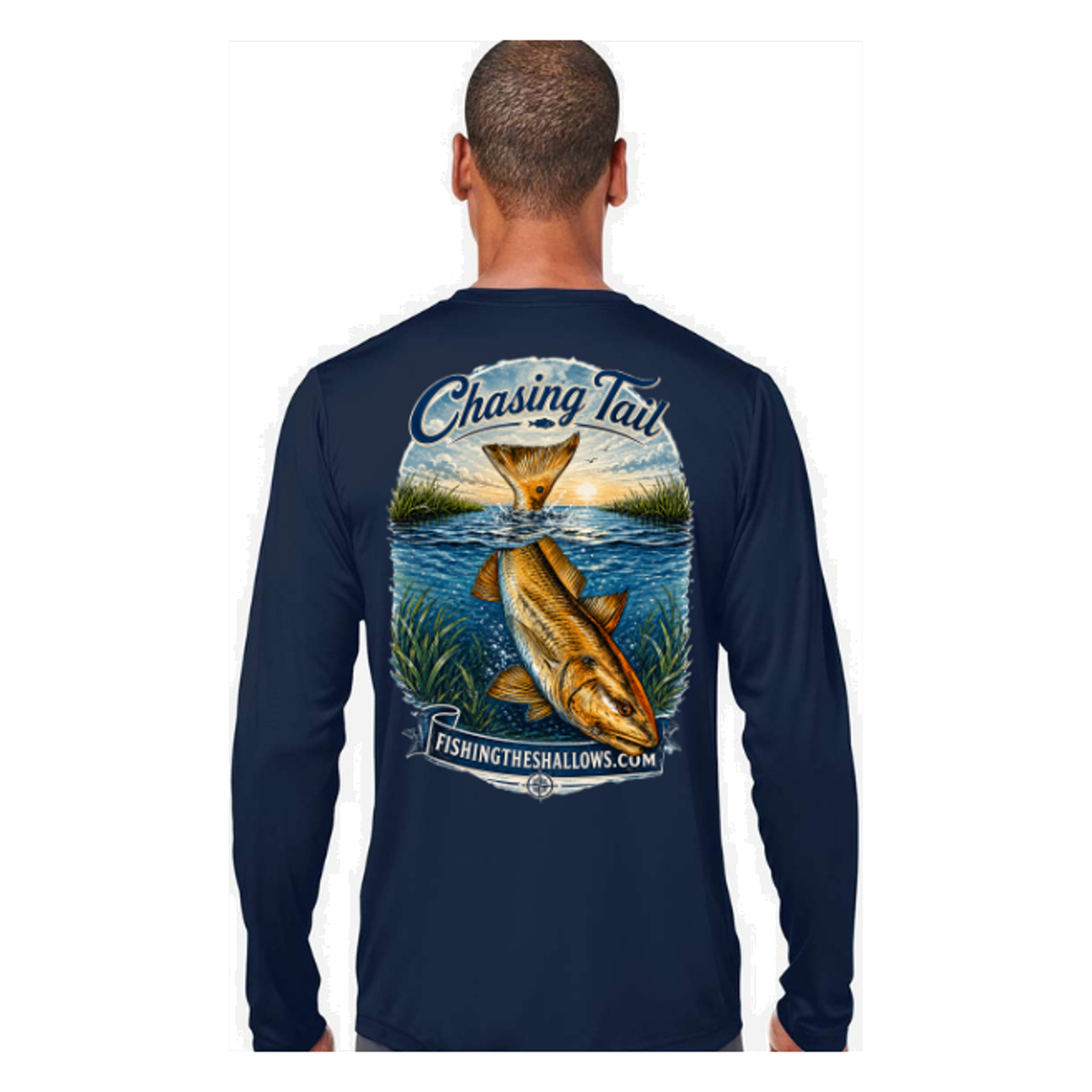 Diving Redfish LS in Classic Navy, back view - mens long sleeve performance fishing shirt by Fishing The Shallows