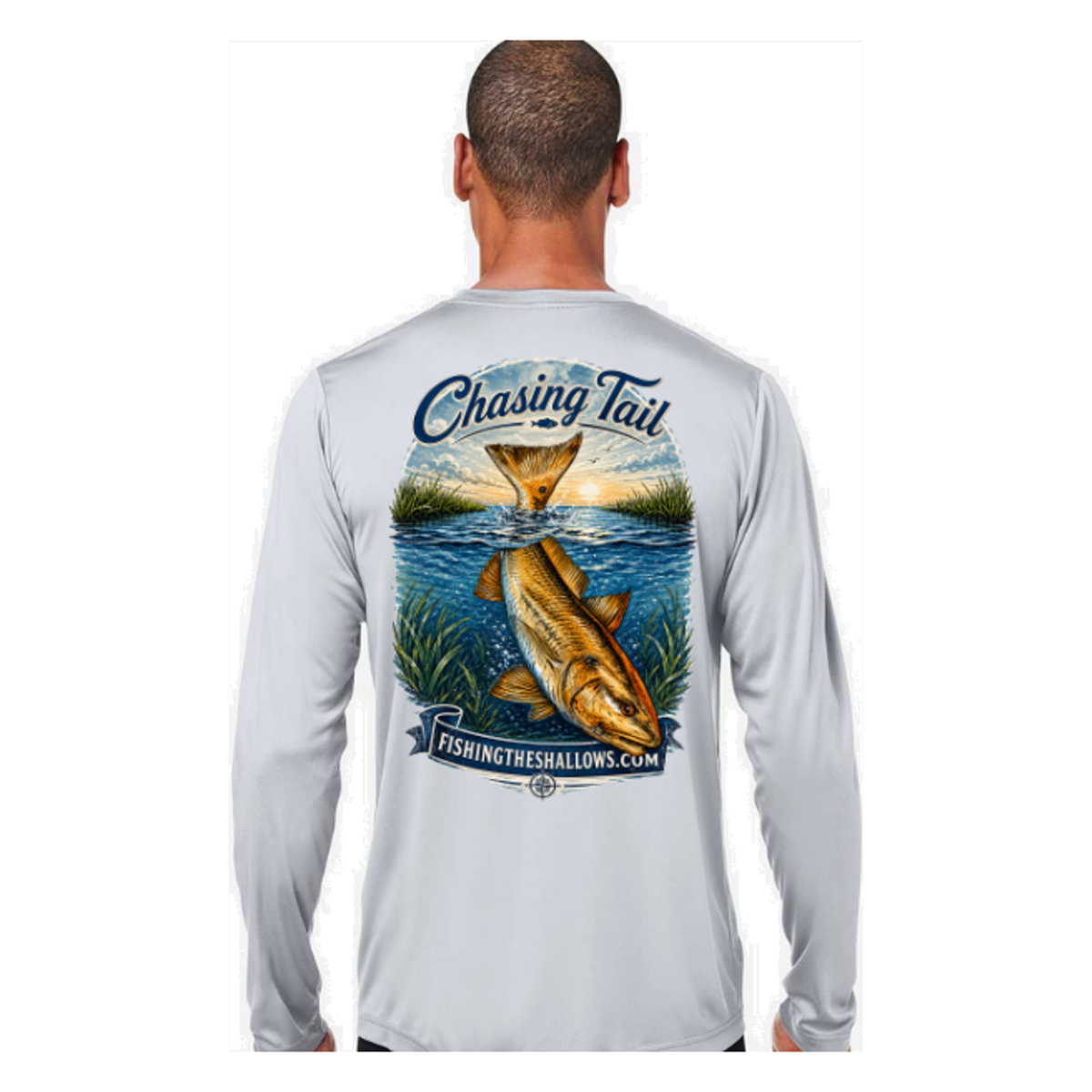 Diving Redfish LS in Platinum, back view - mens long sleeve performance fishing shirt by Fishing The Shallows