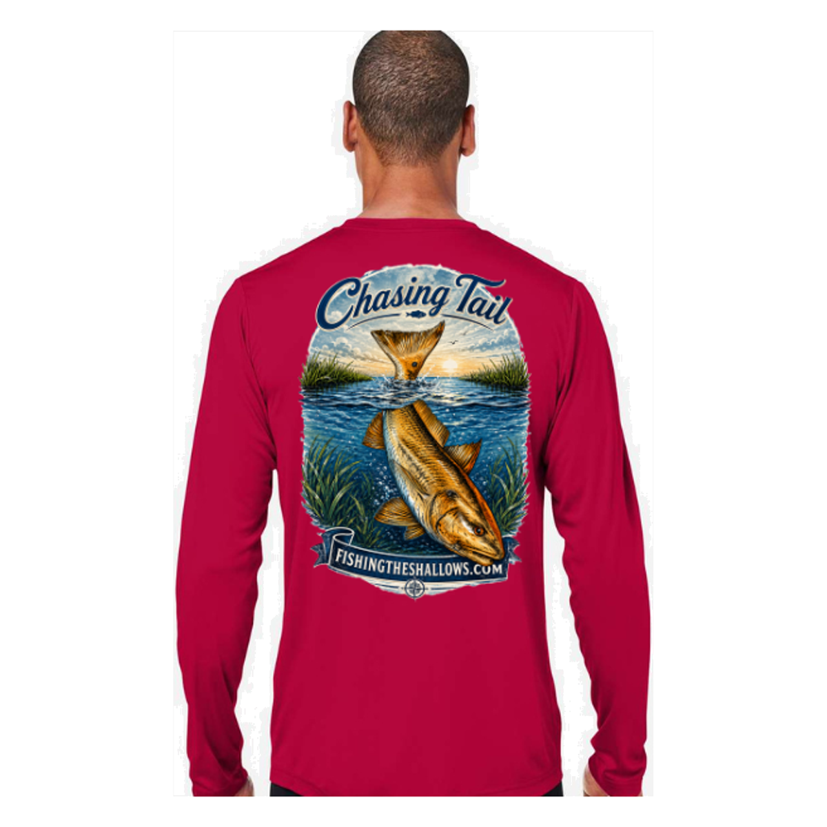 Diving Redfish LS in Classic Red, back view - mens long sleeve performance fishing shirt by Fishing The Shallows