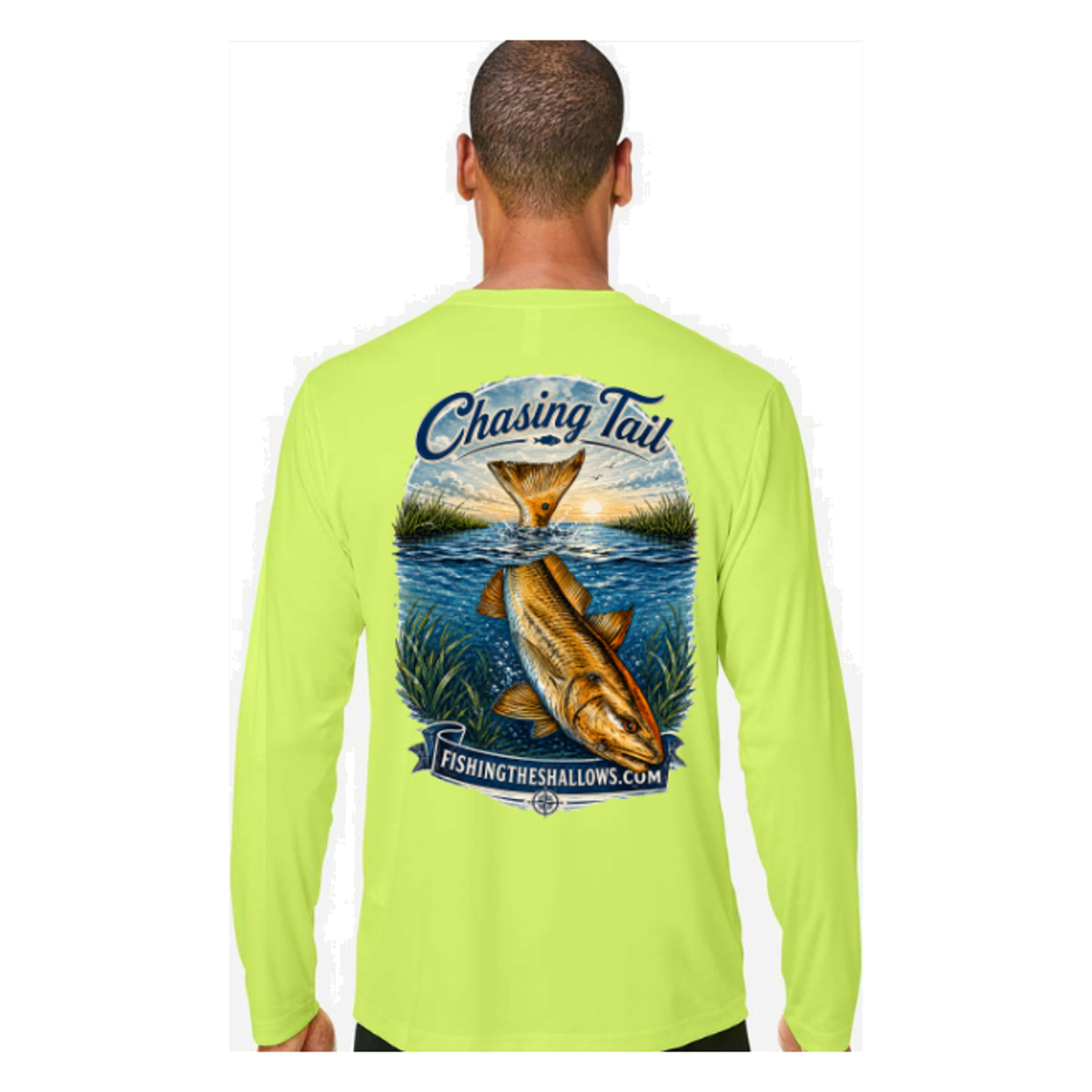 Diving Redfish LS in Safety Yellow, back view - mens long sleeve performance fishing shirt by Fishing The Shallows