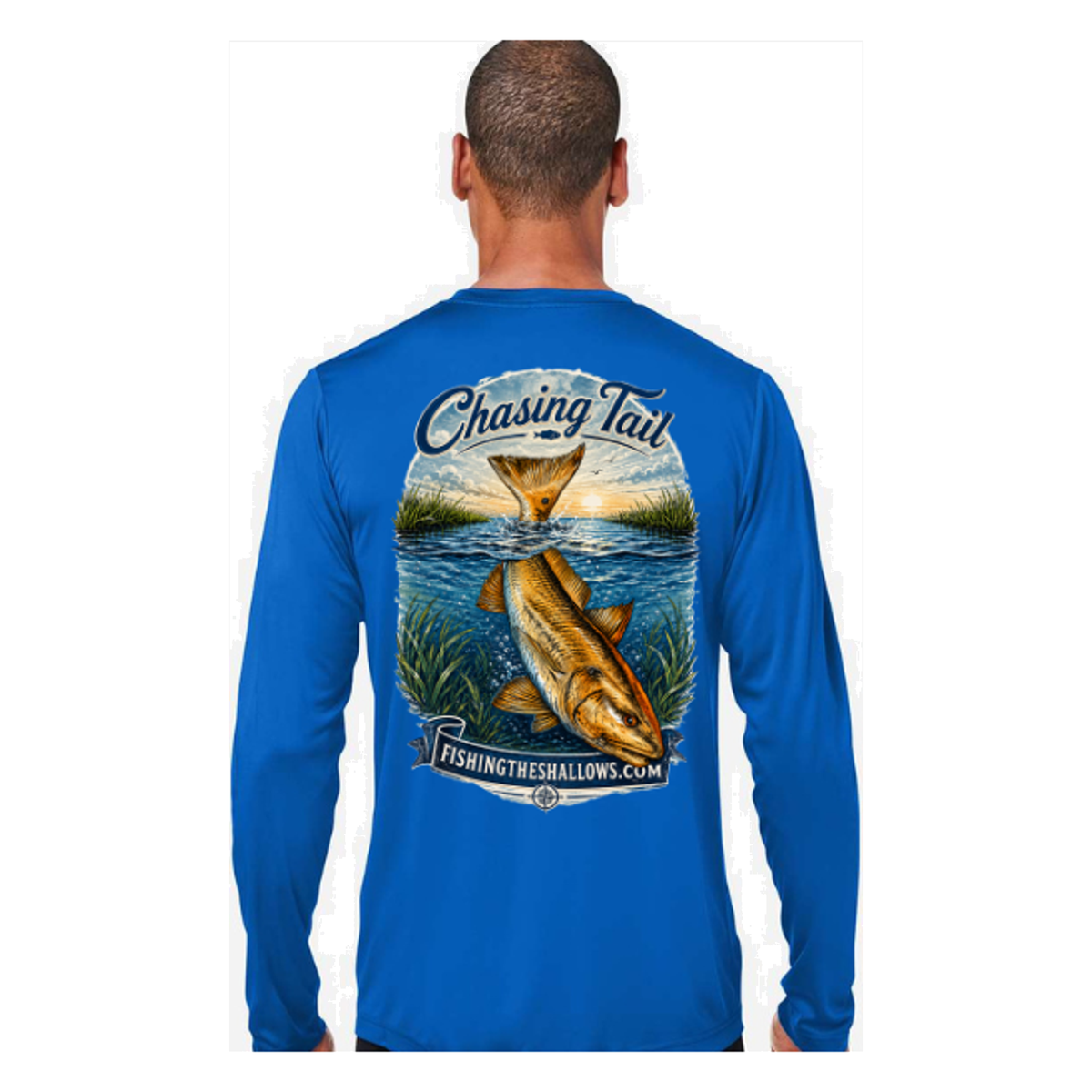 Diving Redfish LS in True Royal, back view - mens long sleeve performance fishing shirt by Fishing The Shallows